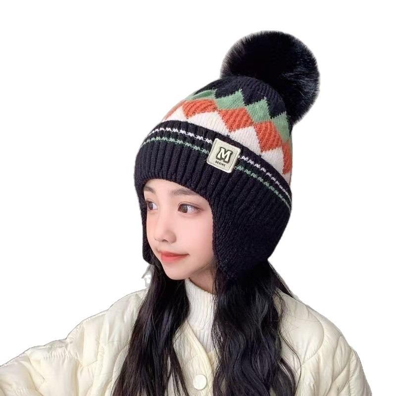 Winter Children's Warm Hats Autumn and Winter Boys and Girls Rhombus Windproof Ear Hats Baby Knitted Thickened Wool Hats