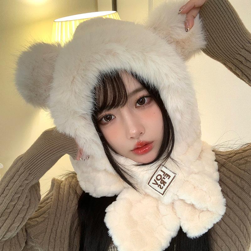 Orelhas de Urso Outono e Inverno Chapéu Lei Feng Feminino Chapéu de Pelúcia Cachecol Integrado Chapéu Pulôver Quente Conjunto Fofo Versátil de Duas Peças