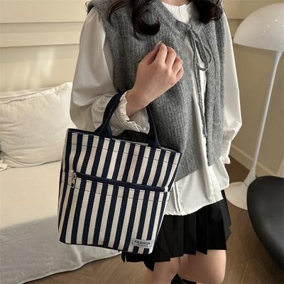 Simple and Versatile Striped Canvas Bag Women's Hand-held Women's Canvas Handheld Bento Bag Large-capacity Literary Storage Cloth Bag