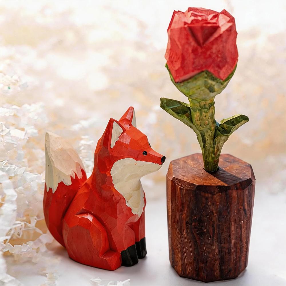 Vintage Handmade Solid Wood Fox Sculpture Statue Miniature Animal Figurines Desktop Ornament for Home Office Decoration Gift