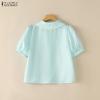 ZANZEA Women Lace Splice Turn Down Collar Casual Short Sleeve Print Blouse