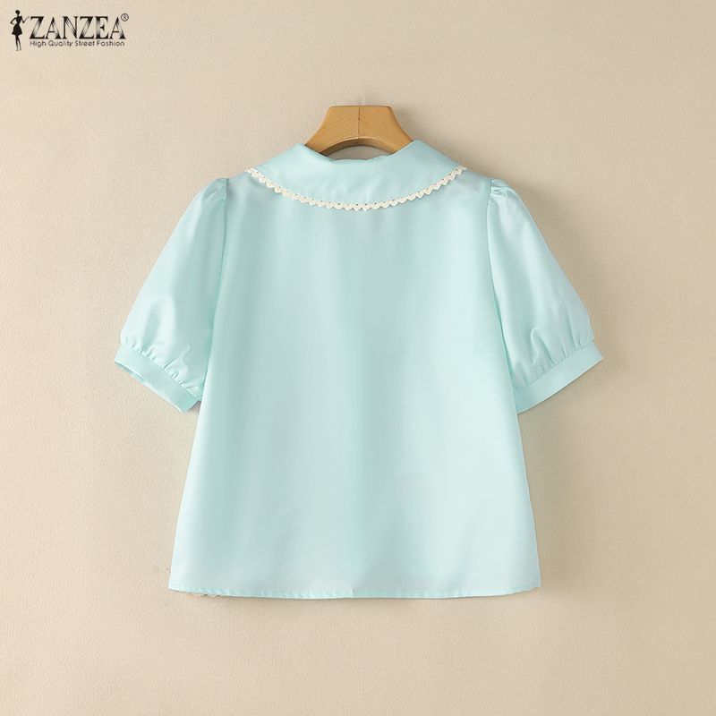 ZANZEA Women Lace Splice Turn Down Collar Casual Short Sleeve Print Blouse
