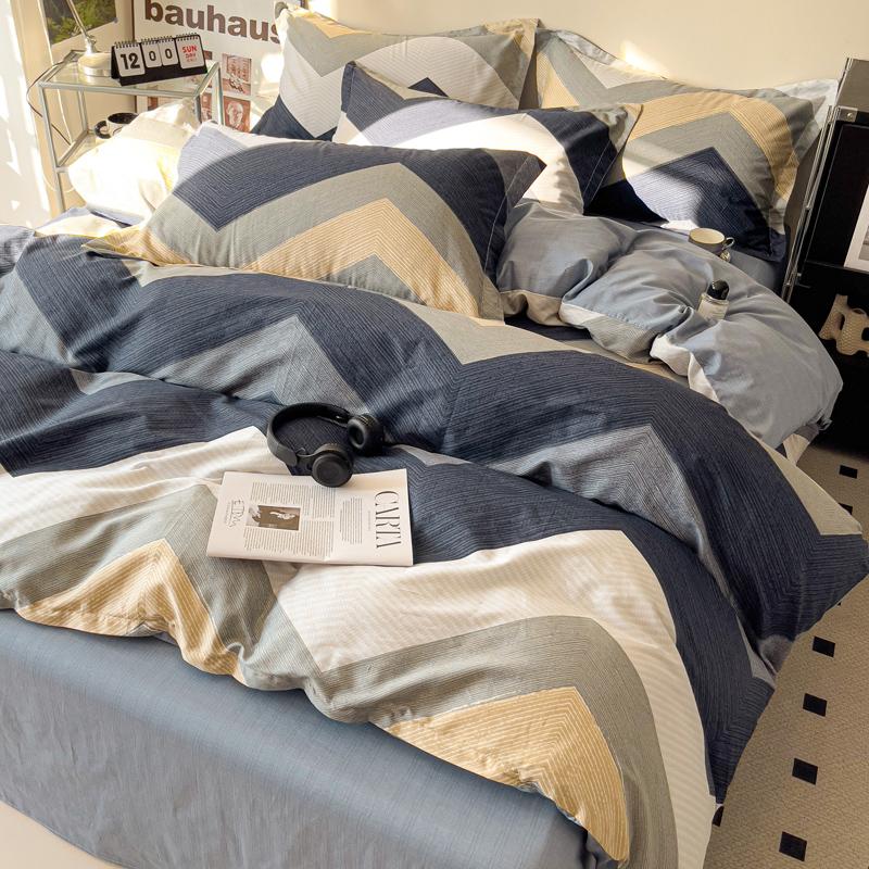Sleep Grid All Cotton High Count High-Density Combed Cotton Nordic Gentleman Style Four Piece Set