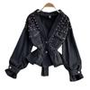 Autumn Women's V-neck Beaded Denim Jacket Short Loose Bf Casual Tops
