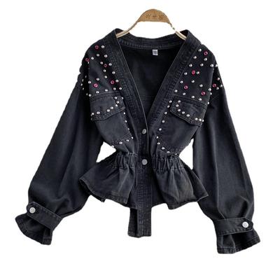 Autumn Women's V-neck Beaded Denim Jacket Short Loose Bf Casual Tops