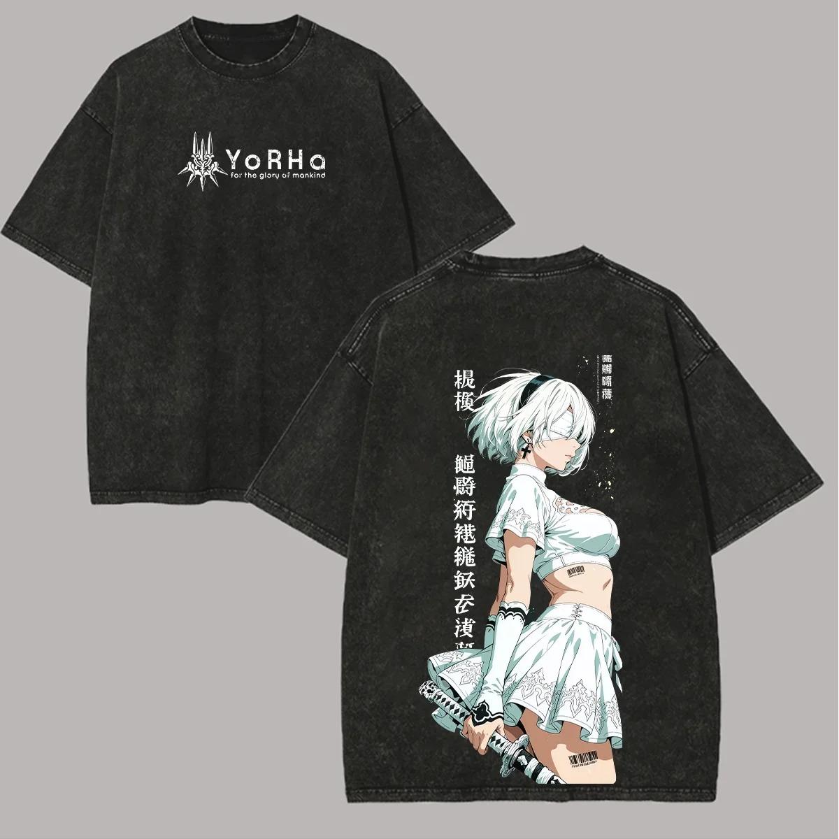 

NieR: Automata YoRHa 2B Vintage Wash Anime Oversized Graphic T-Shirt, 2B Back View With Virtuous Contract Sword Streetwear XXXL