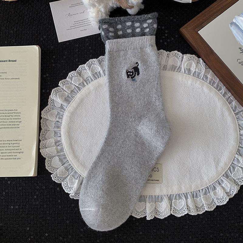 Gray Wool Socks Children'S Season Warm Medium Tube Socks Cute Cartoon Embroidered Cat Striped Cloth Label Stacking Socks