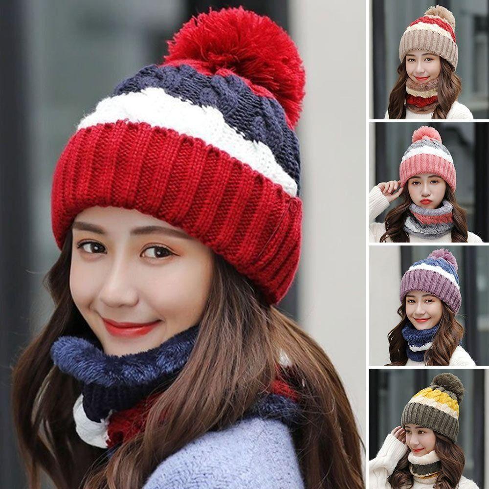 Elastic Scarf and Hat Set Soft Knitted Scarf Balaclava Hat Woolen Hat  Outdoor