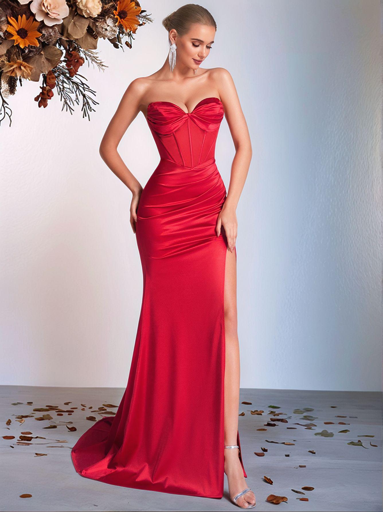 Вечернее платье-русалка без бретелек с разрезом - Приталенное платье для тостов невесты Extra Small красный
