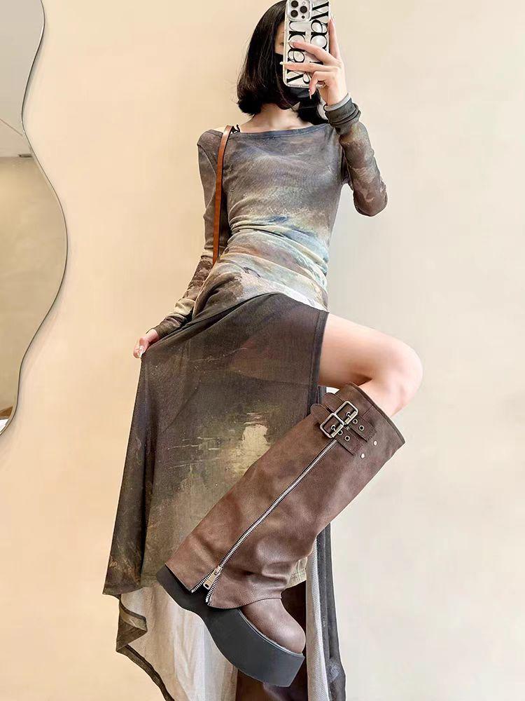 Women's 2025 Petite Retro Thick-Soled Martin Boots: Slimming Over-the-Knee Stacked Long Boots for Autumn/Winter