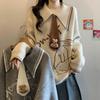 College Style Polo Neck Rabbit Embroidery Sweater Women Loose Fit Knitwear Autumn