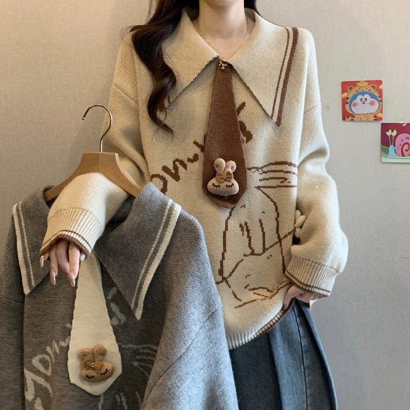 College Style Polo Neck Rabbit Embroidery Sweater Women Loose Fit Knitwear Autumn