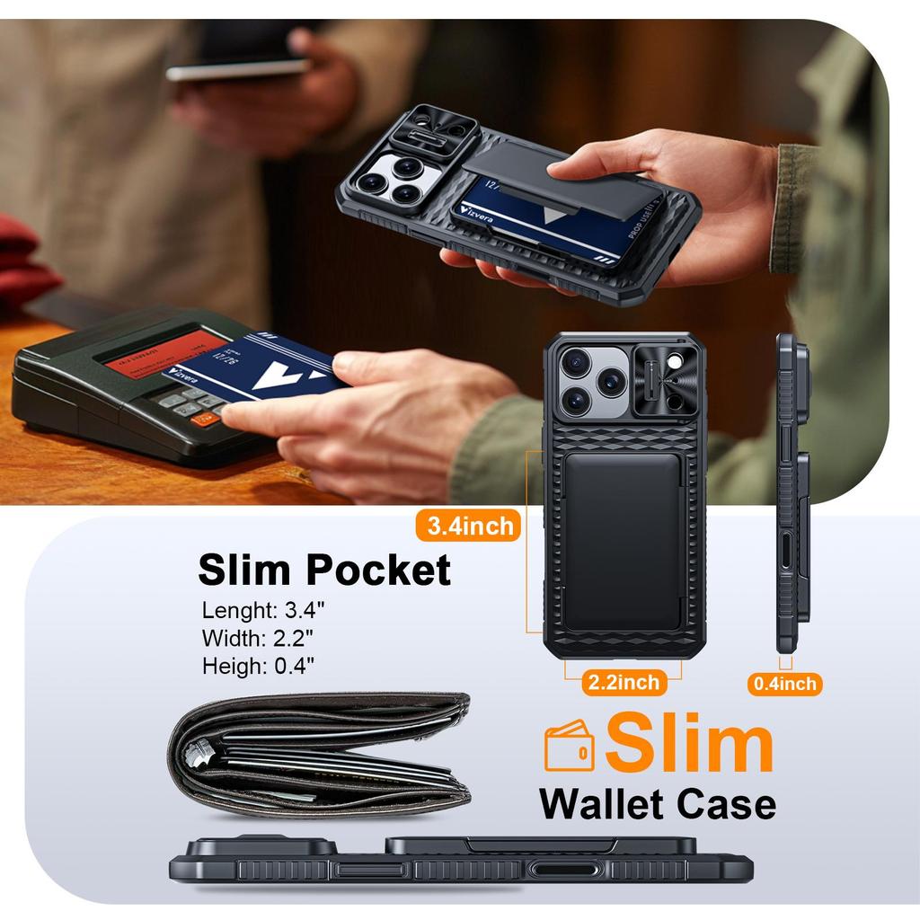 RFID Blocking Wallet Case with Card Holder Sliding Camera Cover Stand PC+TPU Protective Case for iPhone 17 Pro Max-Black