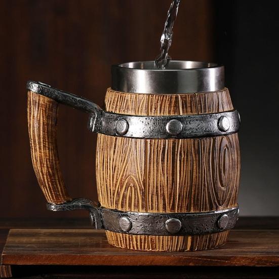 Wood Barrel Beer Mug, 600ml Stainless Steel Liner Stein, Rustic Tankard for Pub Home Bar Pub Party Gift
