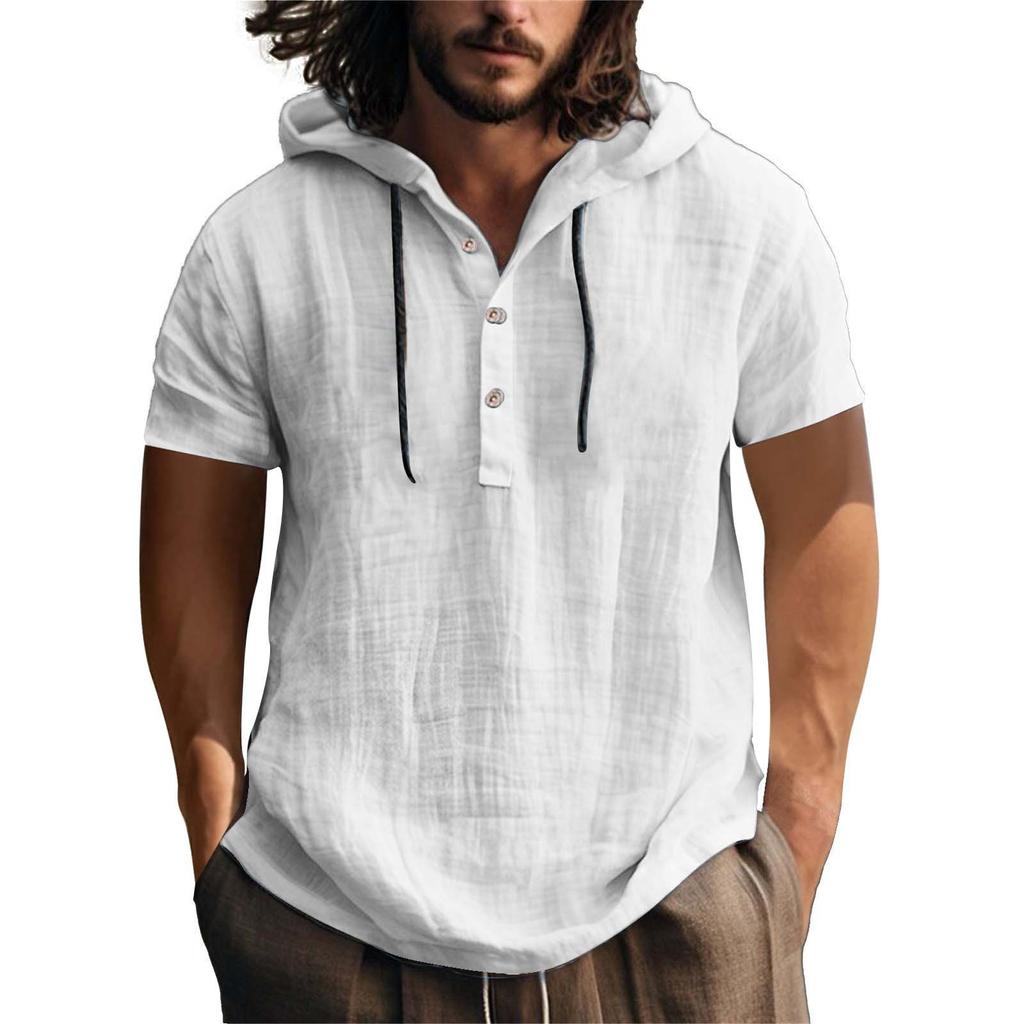 Linen Shirt Hooded Sweater Short-sleeved Hooded Spring and Summer Casual Men's Beach T-shirt