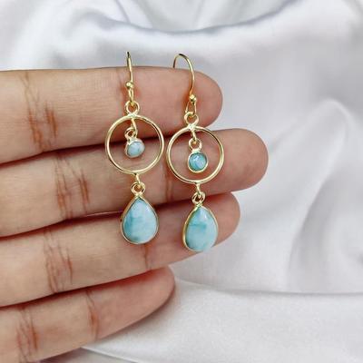 Natural Larimar Gemstone Earring, 925 Silver Earring, Yellow Gold Women Earring, Gift For Her, Christmas Gift, Dangle Earring