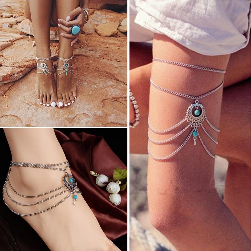 Summer Retro Ethnic Style Hollowed Out Turquoise Water Drop Ankle Chains Bare Feet Women's Beach Fashion Accessories