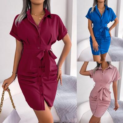 Sommerlich lässiges einfarbiges Fledermausärmel-Taillenkompressions-Shirt-Rock, elegantes Temperament blaues Damen Schleifen-Kurzarmkleid