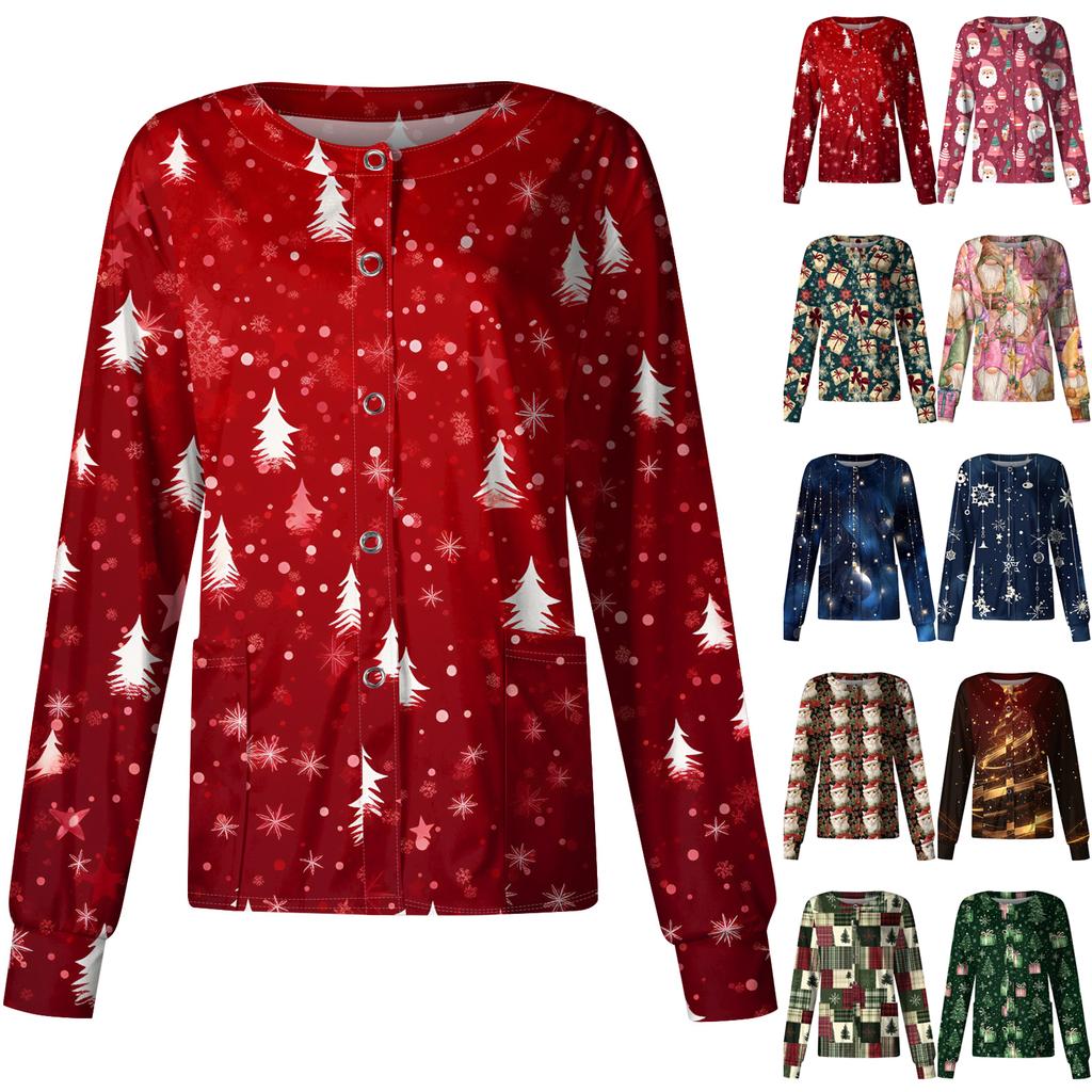 Women's Casual Long-sleeved Single-breasted Christmas Printed Protective Clothing Cardigan Top