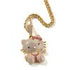 Collana carino in stile cartone animato con incastonatura di diamanti, collana con ciondolo gatto e fiocco rosa alla moda, gioielli da donna