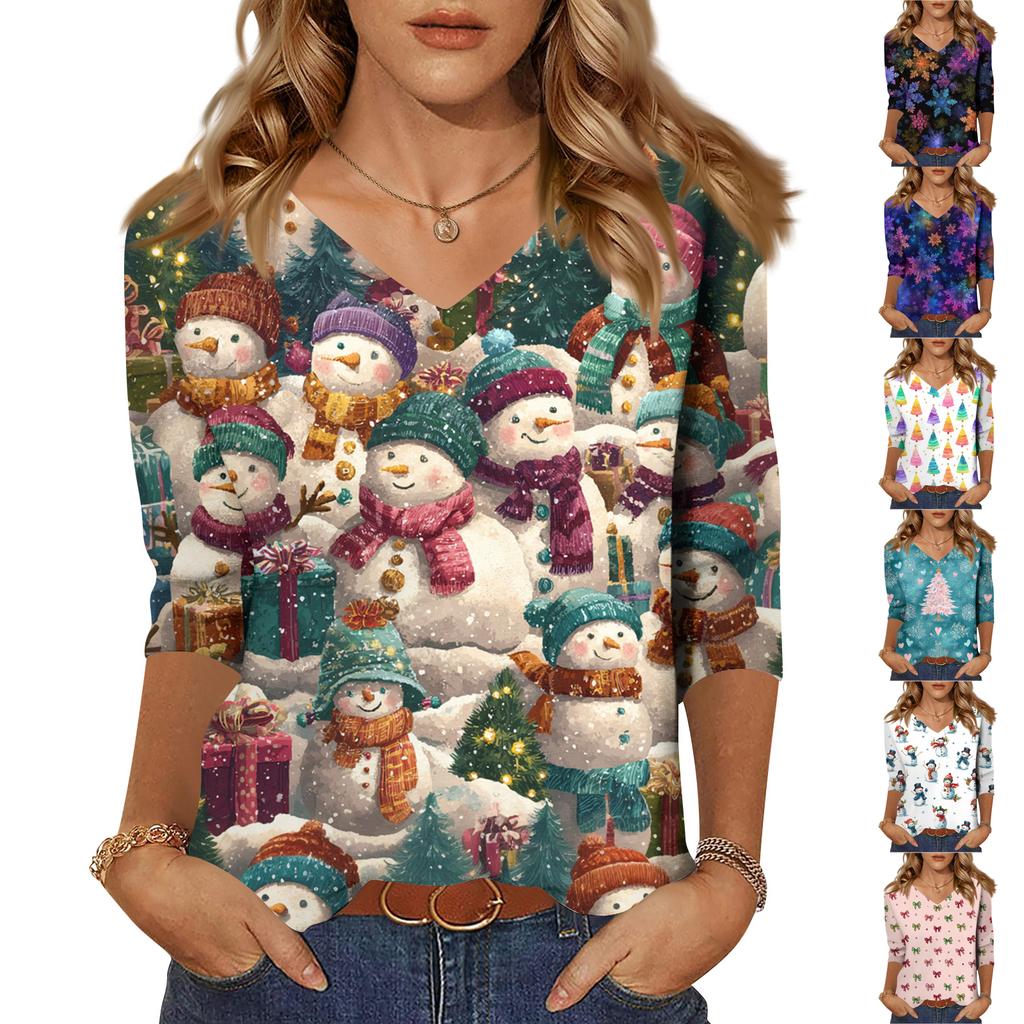 Women's Tops Three-quarter Sleeve Shirt V-neck Loose Casual Shirt Print T-shirt