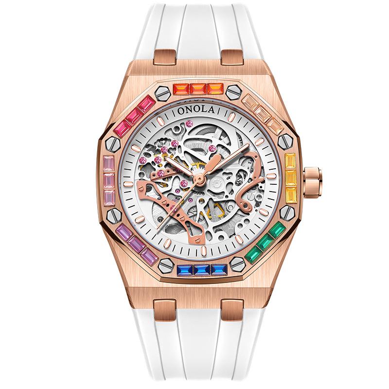 ONOLA Montre Homme Automatique Mécanique Fashion Diamants Arc-en-ciel Bracelet Silicone Étanche