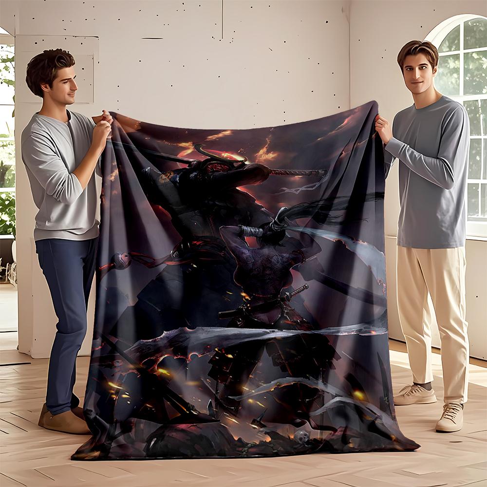 Samurai Battle Scene with Dark Fantasy Style Flannel blanket for bedroom, living room, sofa, and nap sofas.
