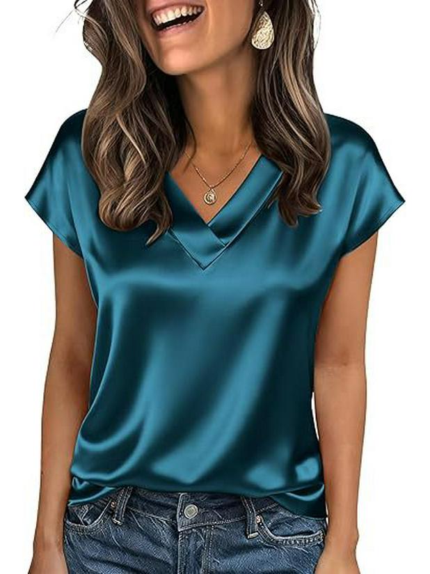 2026 Vår/Sommar Elegant Silke V-ringad Kortärmad Dam T-shirt