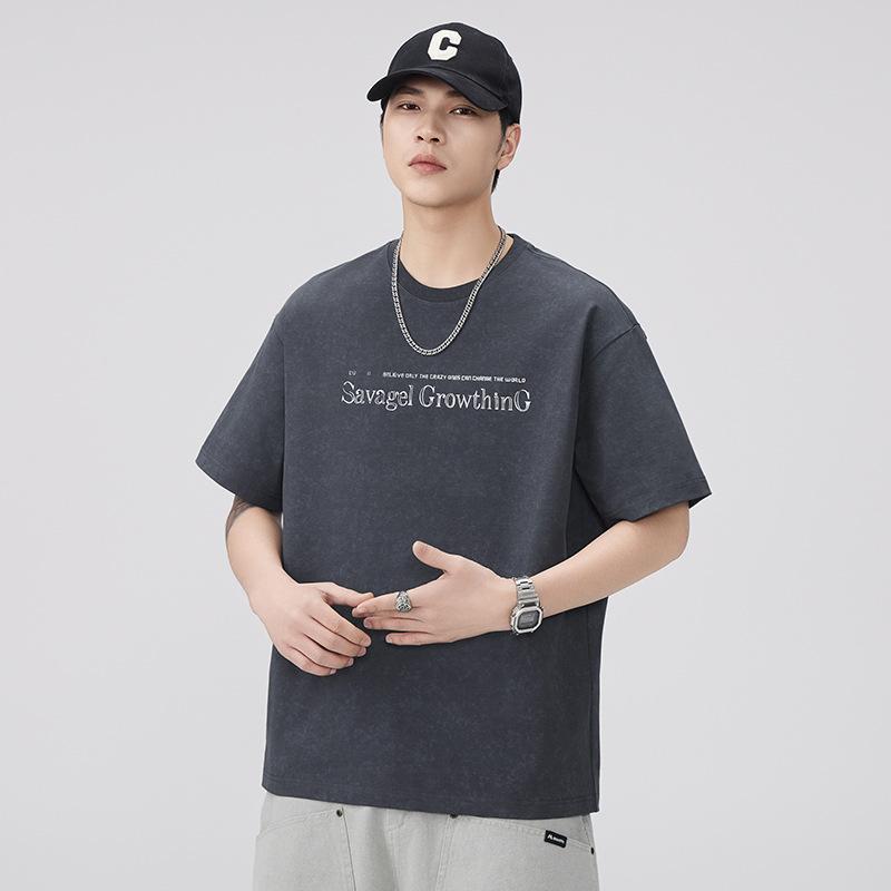 

Summer 300g Pure Cotton Short-sleeved T-shirt for Men s New Heavy Loose Retro Printed Half-sleeved Shirt 4XL