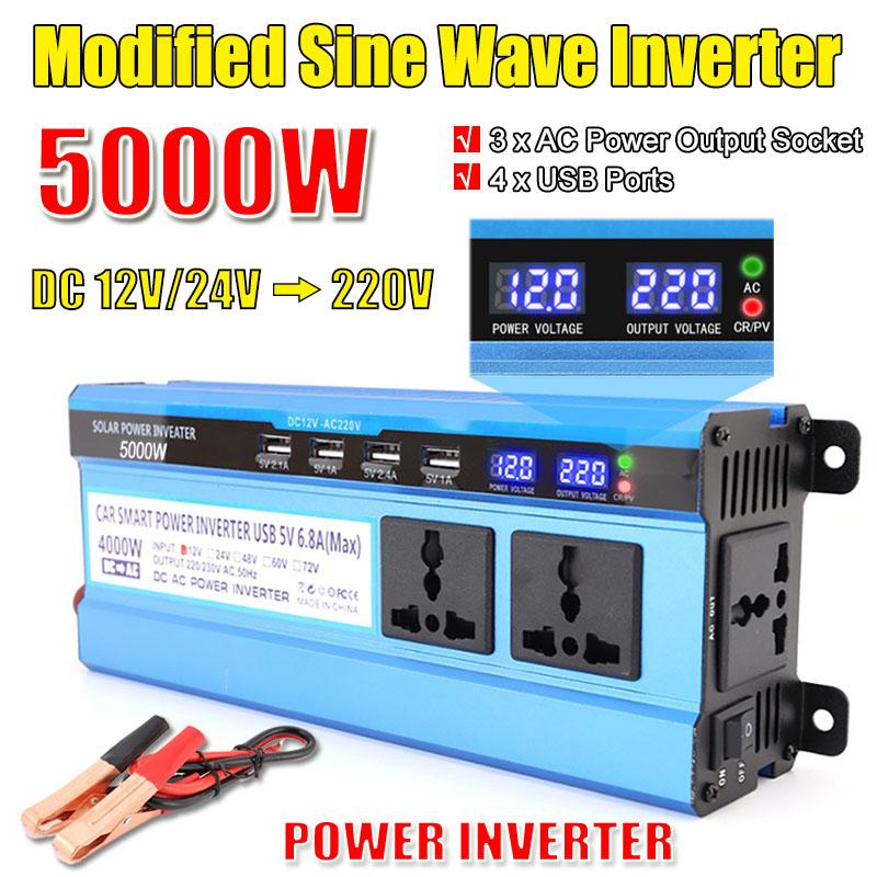 Modified Sine Wave Inverter 3000/4000/5000W Voltage Transformer 4 USB Ports LCD Display DC 12V/24V TO 220V Inverter Converter