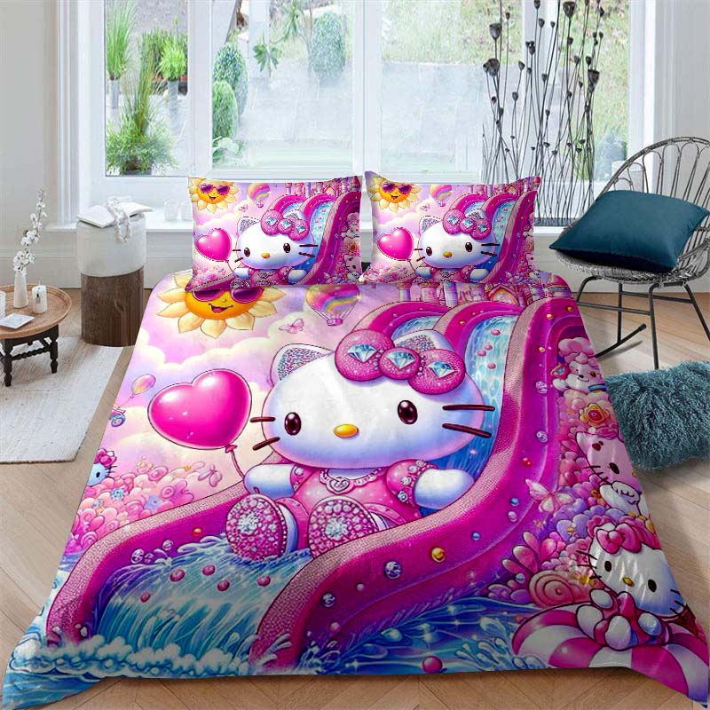 This Hello Kitty three-piece bedding set with a cartoon heart print, including one duvet cover and two pillowcases, makes a perf
