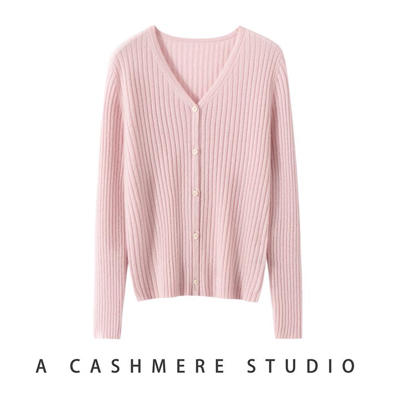Women's 100% Pure Cashmere Striped V-Neck Knit Cardigan Sweater