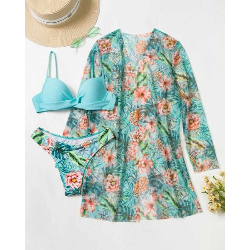 Dámská sada bikin s květinovým potiskem Sexy třídílná plážová pokrývka nahoru Push Up Léto s dlouhým rukávem Twist plavky