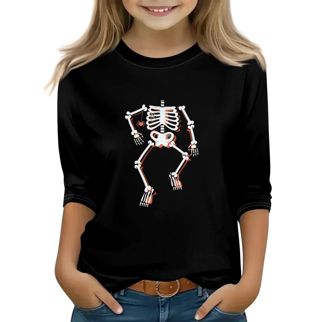 Print Tops For Youth Girls Round Neck 3/4 Sleeves T-Shirts Trendy Tops Outfit Tees