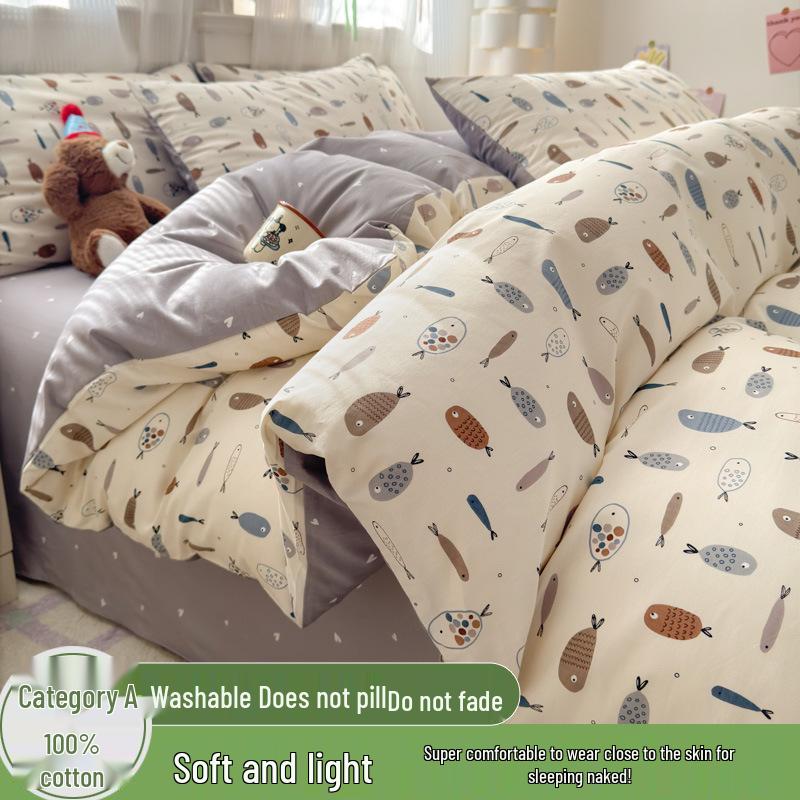 A-class 100% Pure Cotton Printed Fresh Four-Piece Bedding Set - Twill Reactive Single Duvet Cover 1.2m Bed Sheet Three-piece
