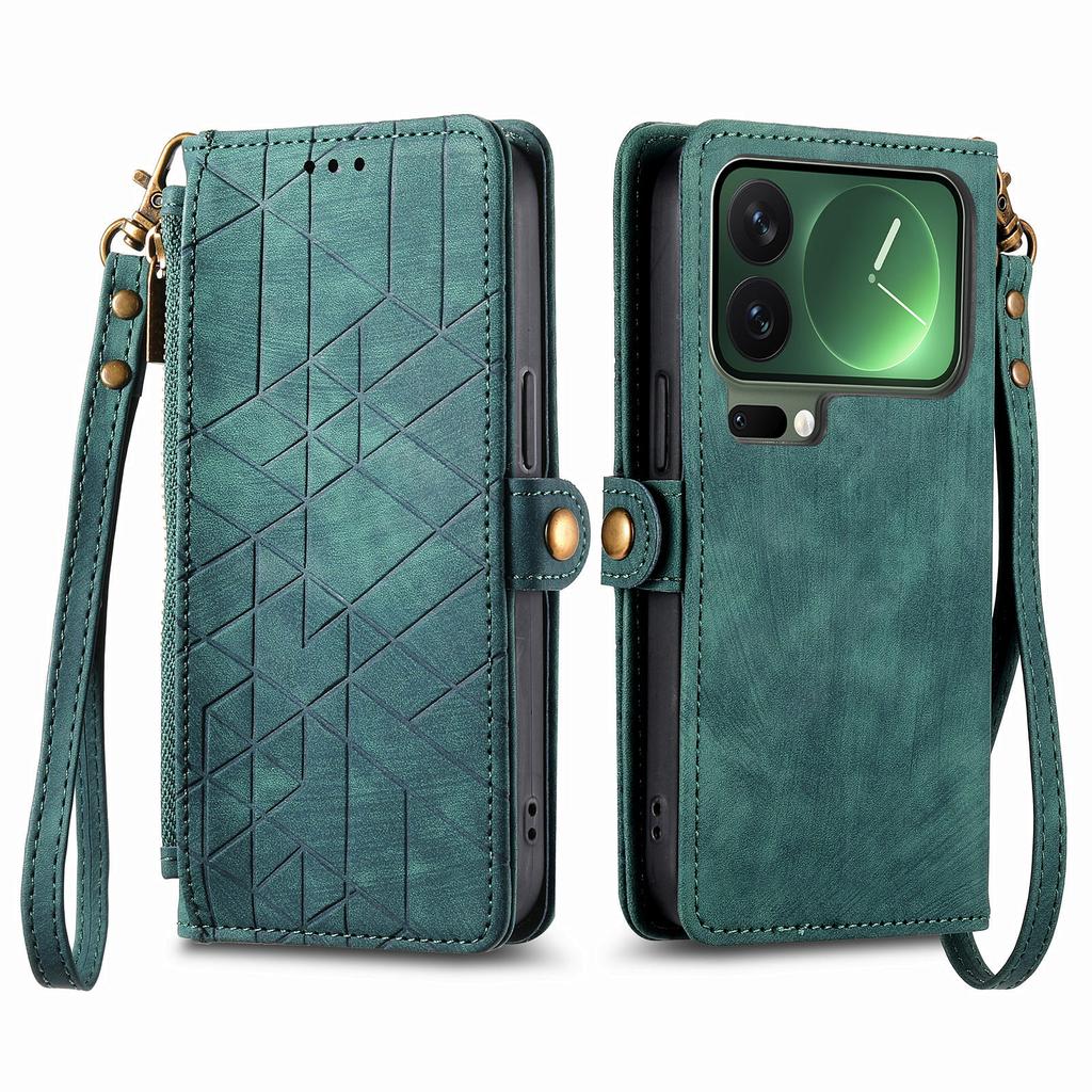 For Xiaomi 17 Pro Max Case Zipper Wallet Geometry Lines Leather Phone Cover with Strap