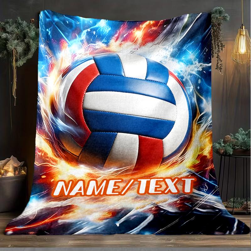 1PC Custom Name Volleyball Fire Outdooor Flannel Blankets Throw Blanket All-Season Throw Gift Bedspread for Couch, Bed, Camping Holiday Birthda