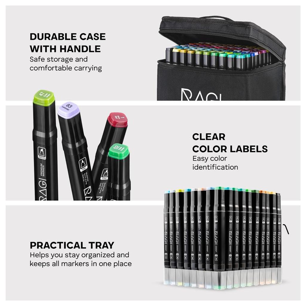 RAGI Pennarelli ad Alcool 80 Pennarelli fronte/retro, Doppia Punta, Set da Disegno Artistico Professionale