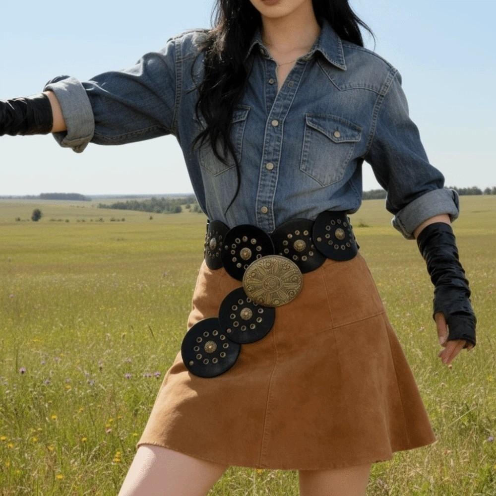 Zinc Zinc Alloy Ethnic Style Rivet Belt Y2K Disc PU Hollow Waistband Vintage Concho Wide Belt Waist Seal