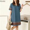 Women Ethnic Print Splice Casual V-Neck Short Sleeve Dress