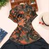 Blusa Elegante de Satén para Mujer Estampado de Flores Camisa Cheongsam Estilo Chino Tradicional Ropa Tang Disfraz de Verano Otoño