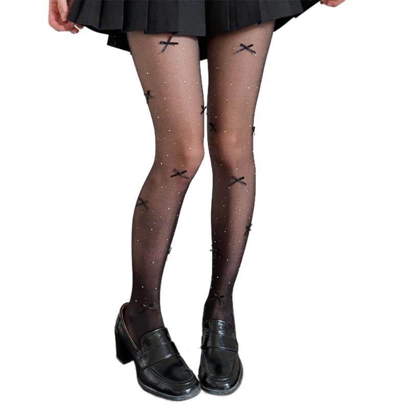 Aesthetic Sparkly Rhinestones Bowknot Sheer Pantyhose Stockings Women Thin See Through Silky Tights Shimmering Leggings
