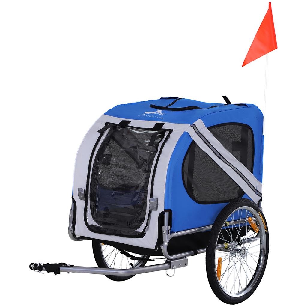 Bike Trailer for Dog Pets 8 Reflectors Flag Hitch Bar Included 130 X 73 X 90 Cm White and Blue