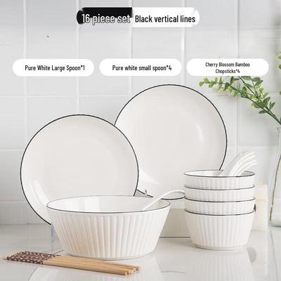 ZISIZ Ceramic Dinnerware Set with Black Line Vertical Stripe