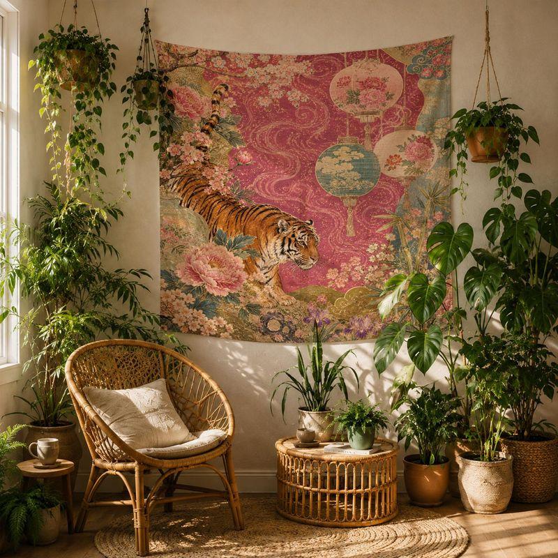Vintage Tiger Floral Tapestry Oriental Lantern Peony Art Polyester Wall Hanging Aesthetic Bedroom Dorm Home Decor