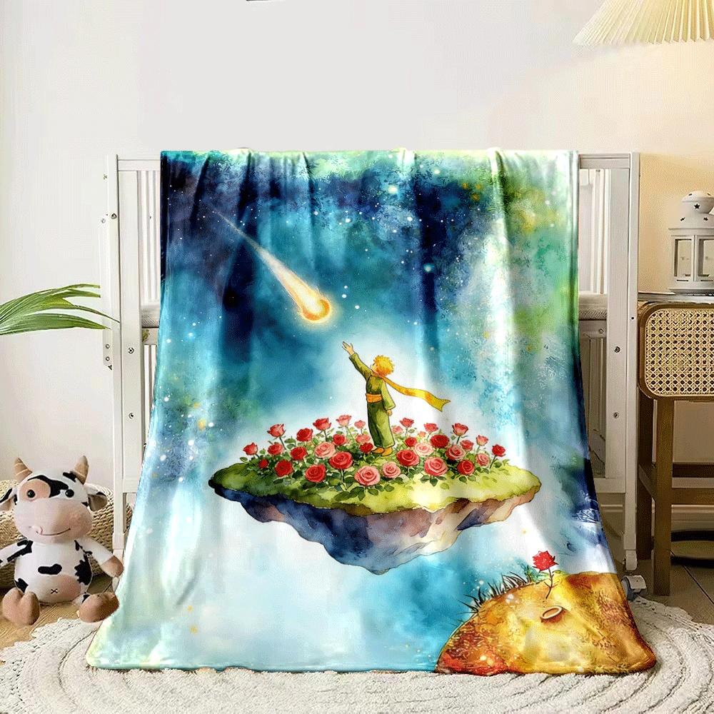 A small figure, roses, and shooting star on floating islands in cosmic glow. for all seasons blanket lunch break throw gift