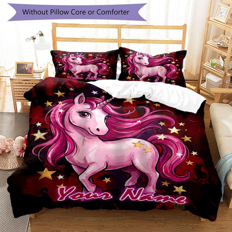 3pcs Custom Name Magical Unicorn Fantasy Bedding Set Printed Bedding Set Duvet Cover Closure Includes 1 Duvet Cover & 2 Pillowcases Bedroom Decor