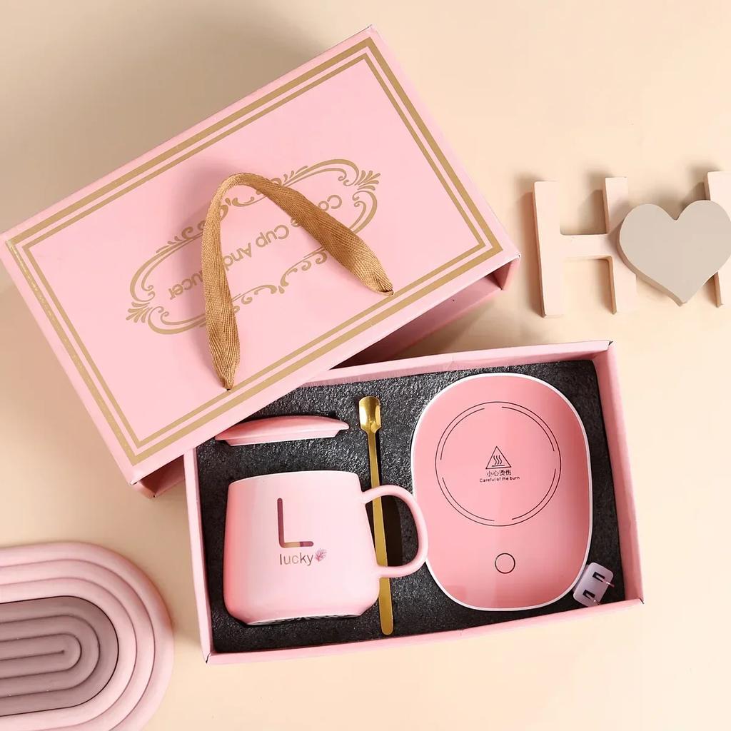 New Thermostat Cup Gift Box Ceramic Mug with Spoon And Storage Bag Set Folding Spoon Portable Cup 55℃ Thermostatic Coffee Cup