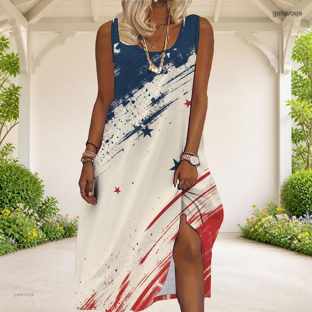 Women Plus Size Sleeveless Scoop Neck Eagle Star Print A Line Long Maxi Dress