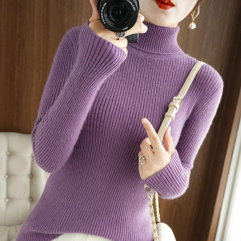 Women's Autumn Winter High Neck Slim-Fit Ribbed Knit Base Layer Sweater for Office Wear